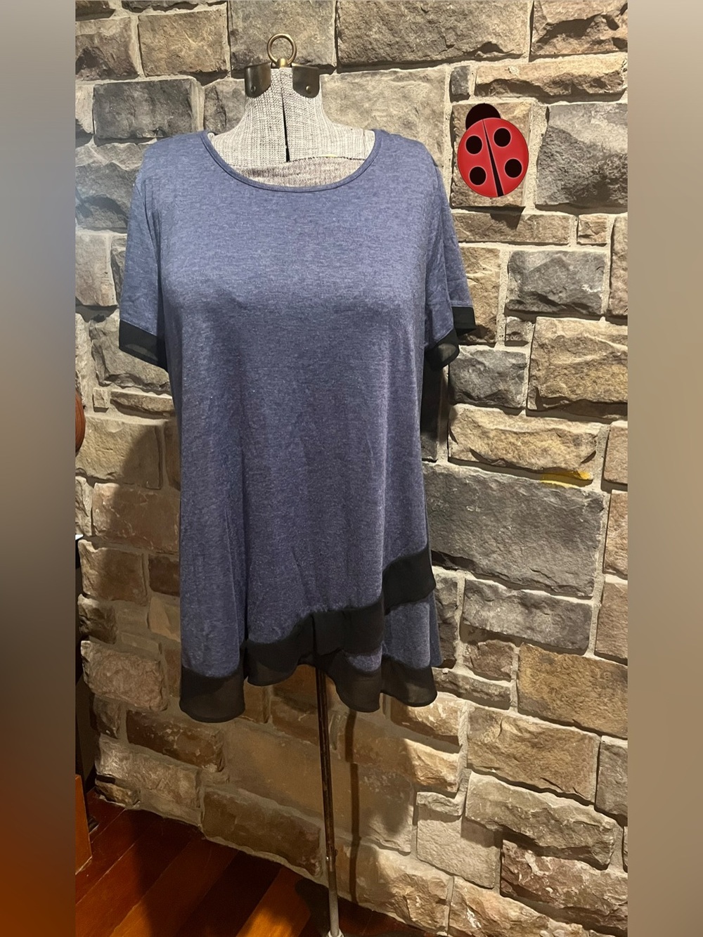 Women's Blue Short-Sleeve Knit Top with Black Trim XL/16